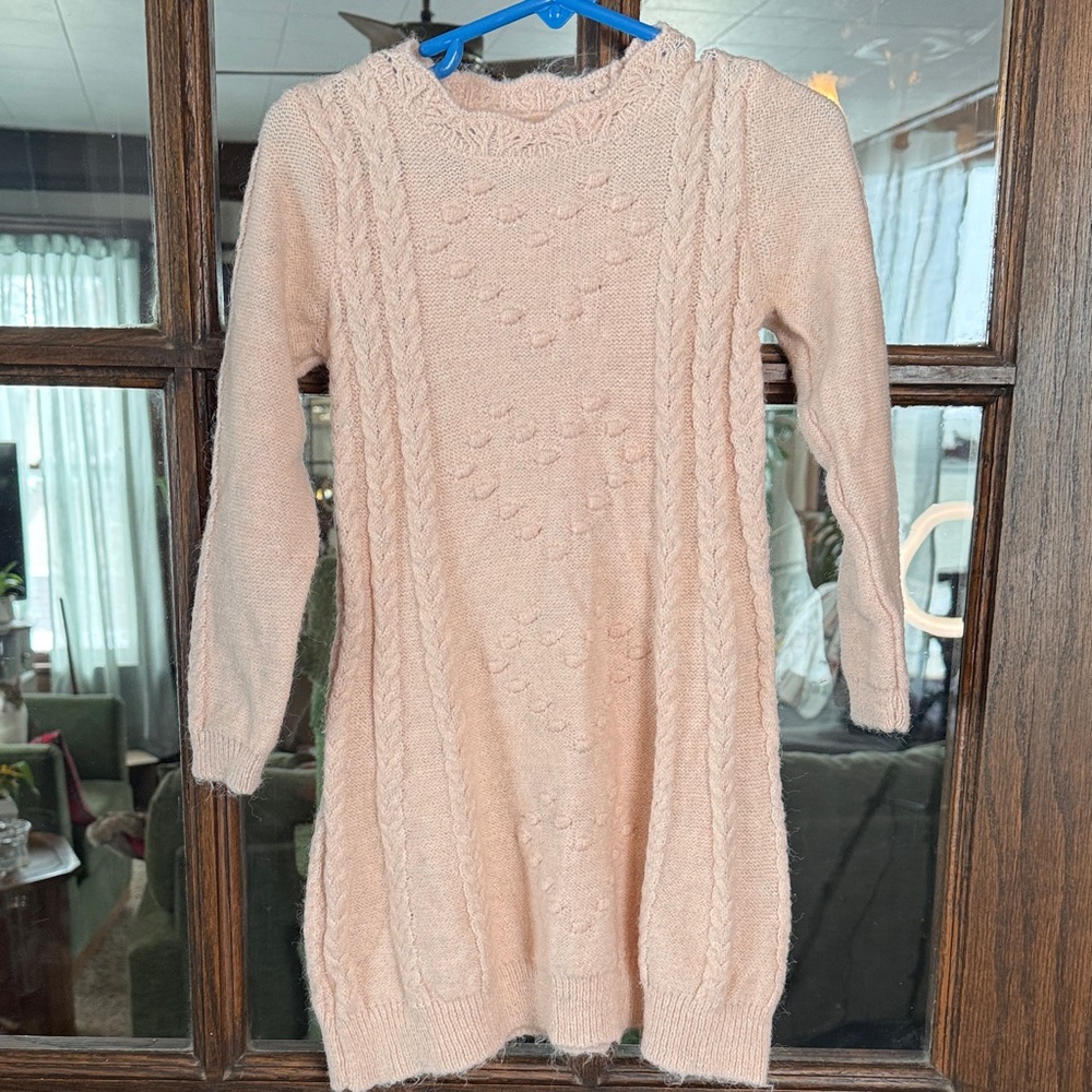 Happily Grey Kids Girl 4T Pink Cable Knit Heart Bobble Sweater Dress Long Sleeve